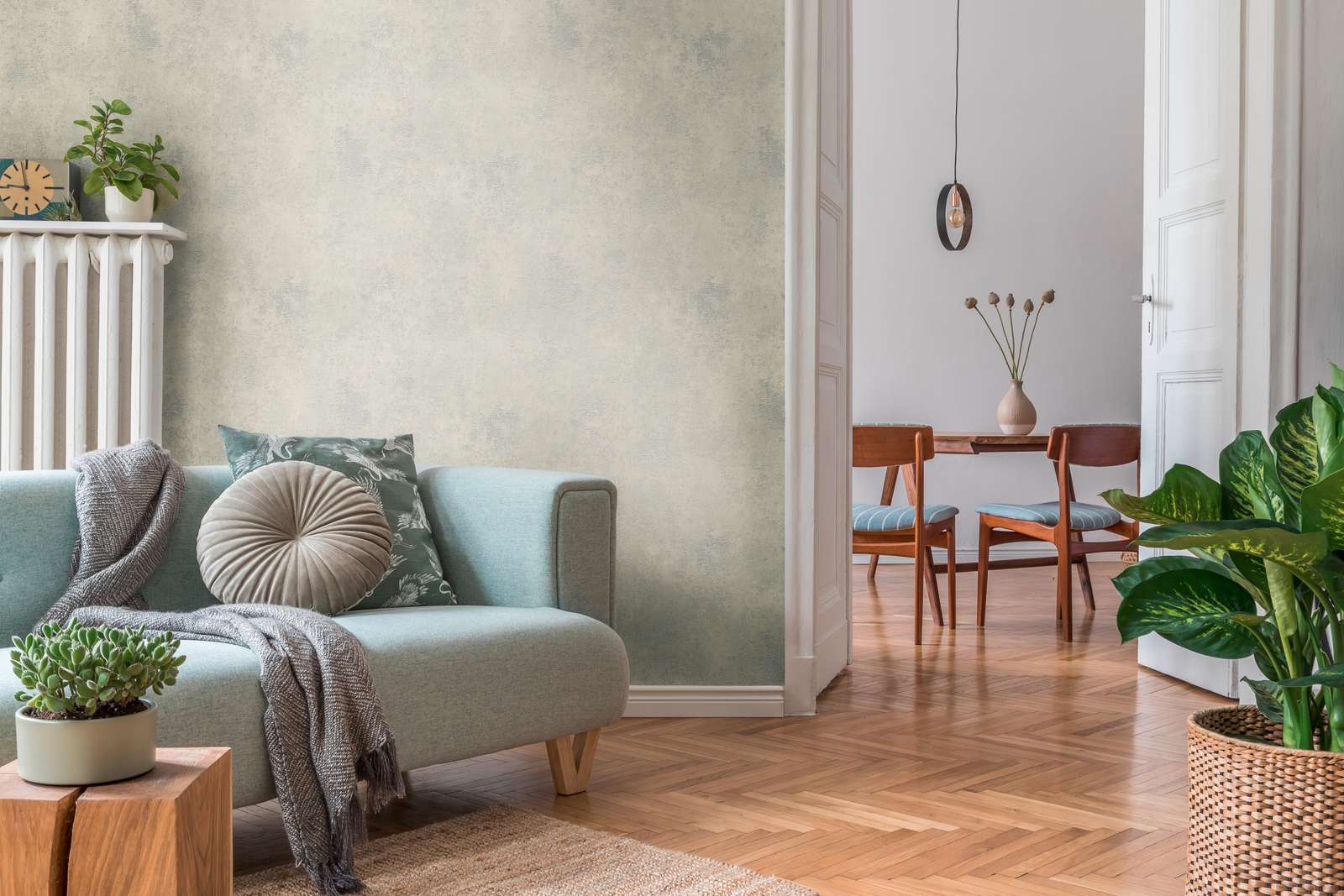             Cremeweiße Tapete mit Strukturdesign – Creme, Metallic
        