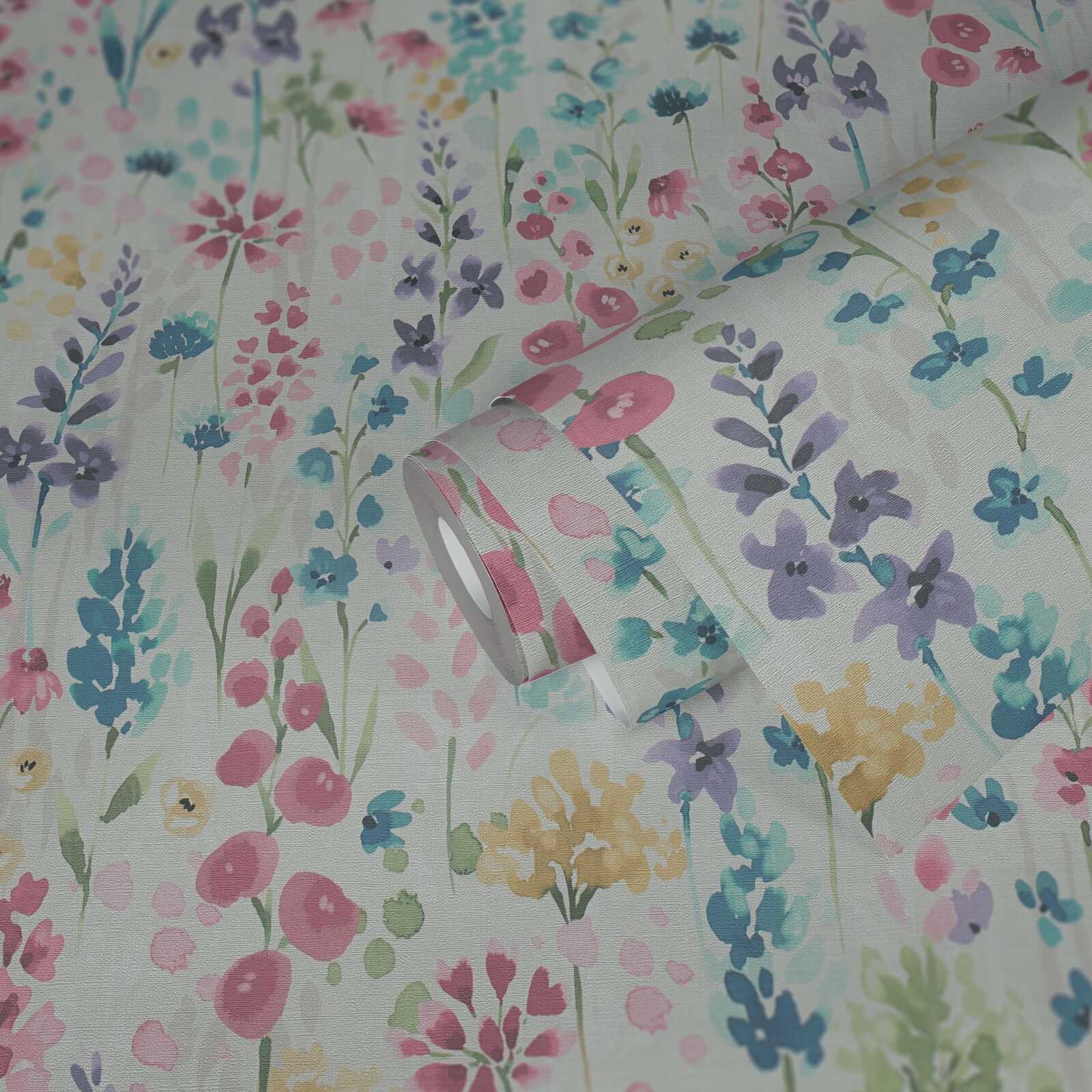 Bunte Blütenwiese-Tapete im Aquarelldesign – Bunt, Weiß, Pink