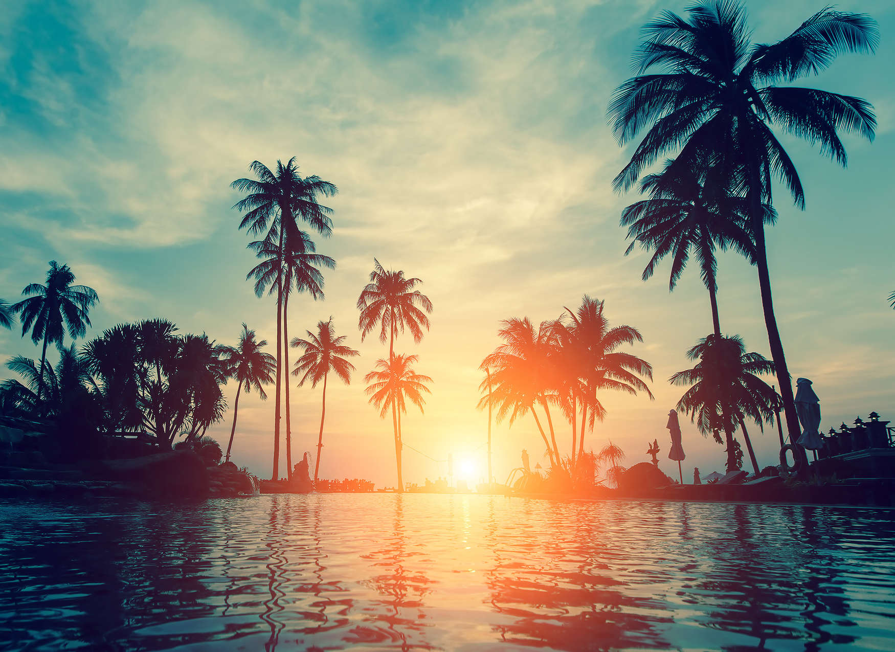 palmen, strand, sonnenuntergang, pool, tropisch