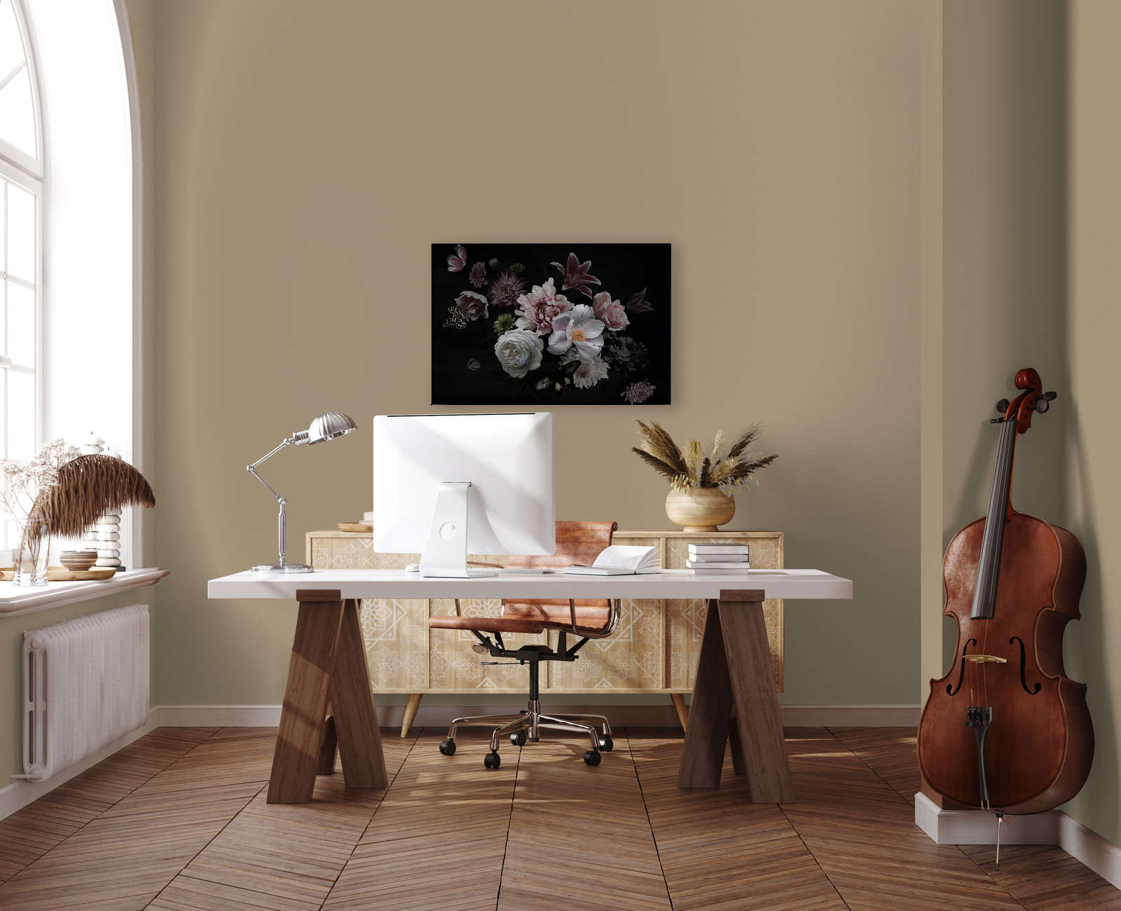             Leinwandbild verschiedene Blumen mit Schmetterling – 0,90 m x 0,60 m
        