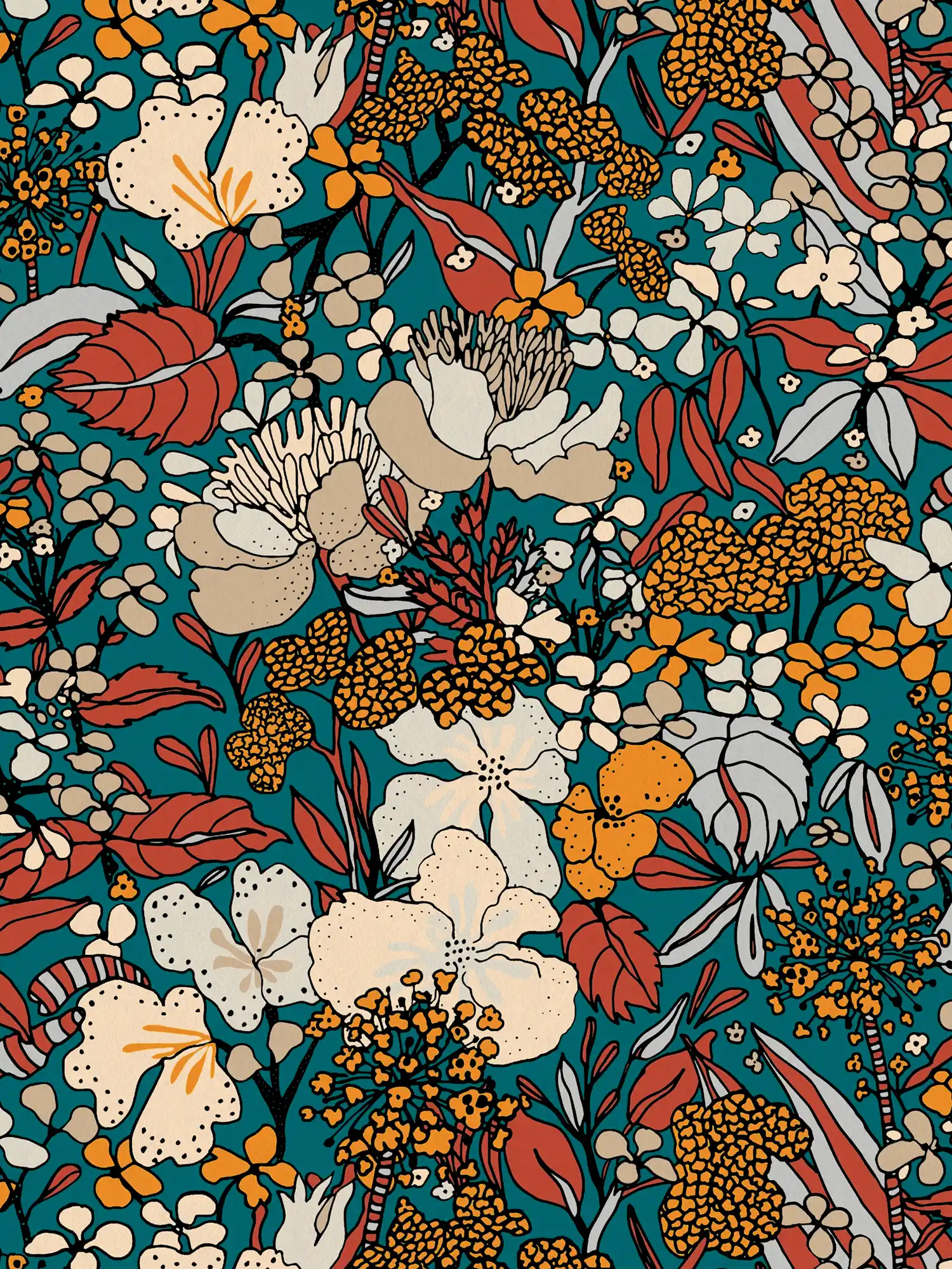         Blumen Tapete Petrol im 70er Retro Design – Bunt, Gelb, Blau
    