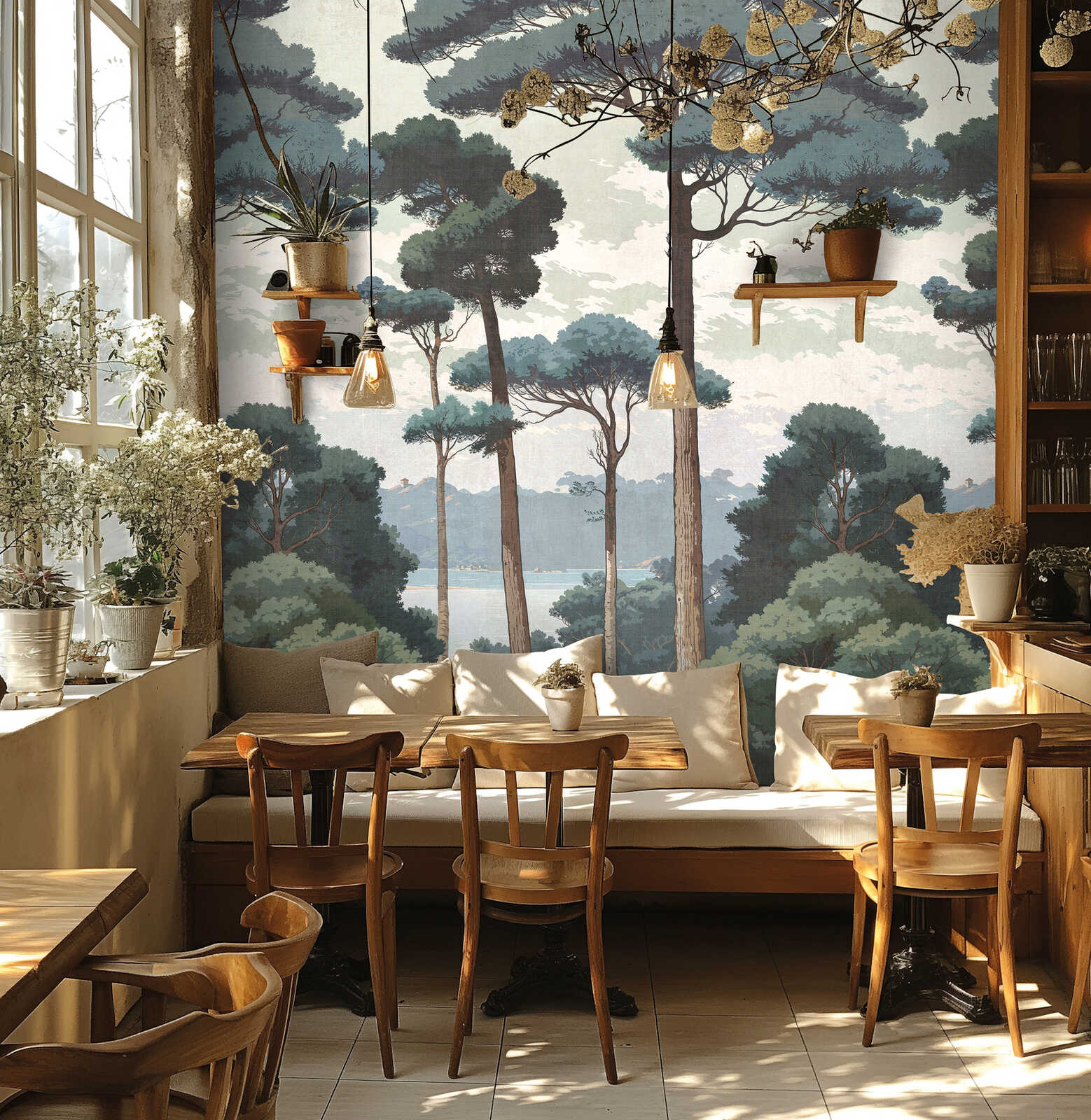 Vliestapeten Panel "Nature Serenity" 159cm Breite x 280cm Höhe - Waldlandschaft mit großen Bäumen und Bergen, glatte Oberfläche – Grün, Grau