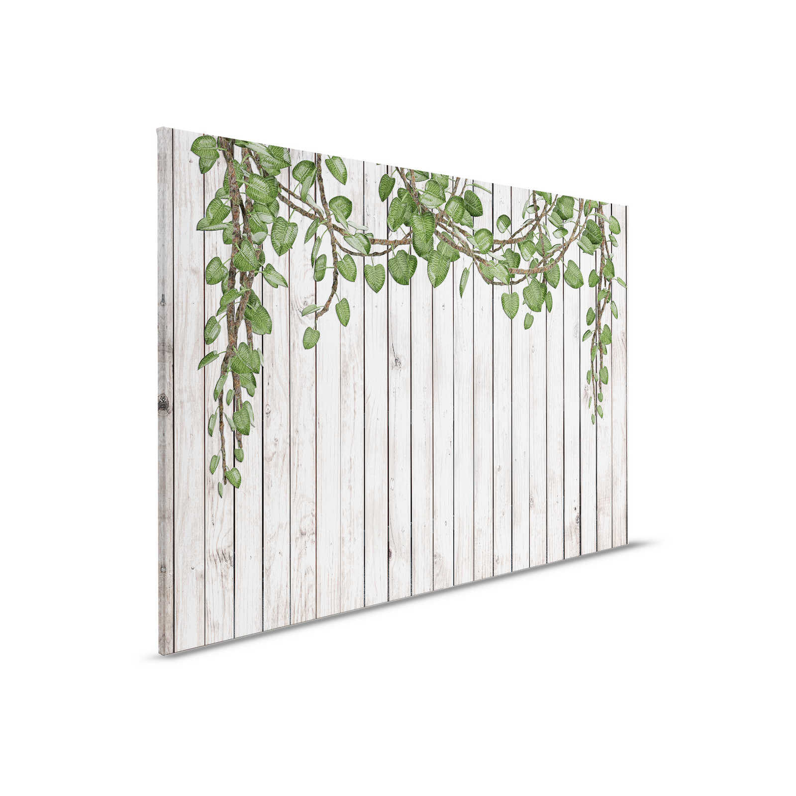         Leinwandbild Holzwand mit herabragenden Blättern naturell – 0,90 m x 0,60 m
    