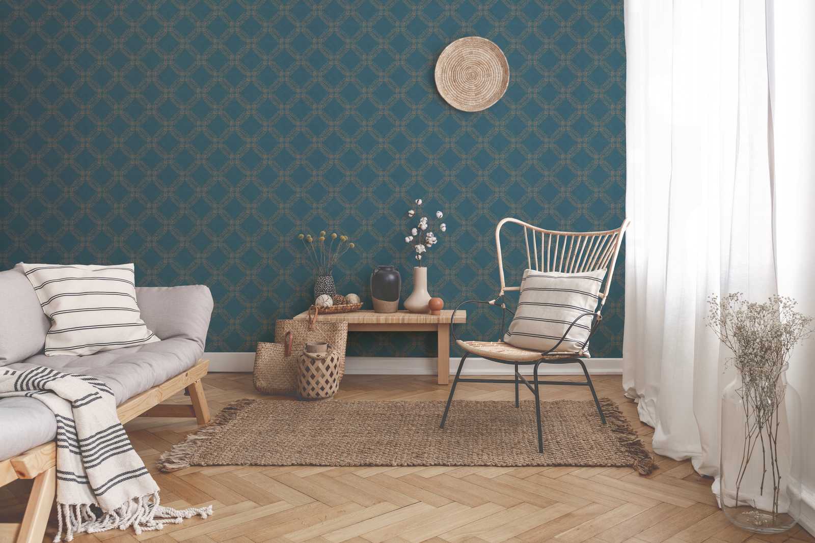             Tapete mit Rauten-Optik, strukturiert – Blau, Gold
        