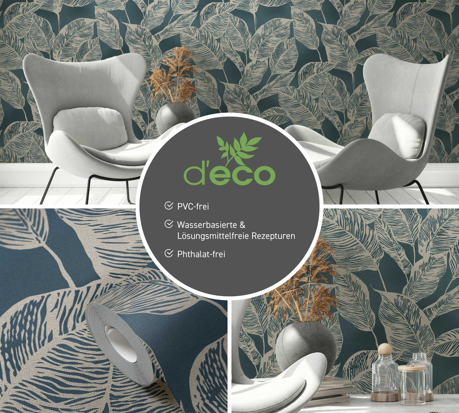             Vliestapete mit Blattmuster PVC-frei – Blau, Braun
        