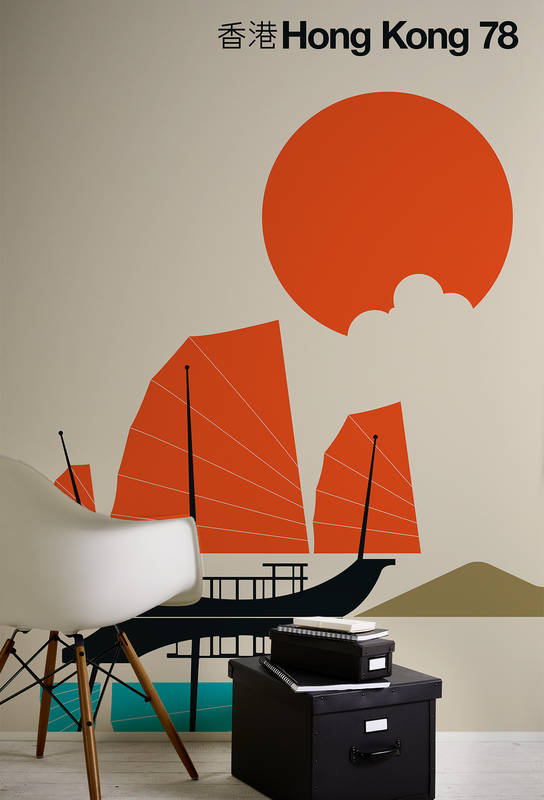 Kunstplakat, Hongkong 78, Sonnenuntergang, rote Segel, Schiffs Silhouette