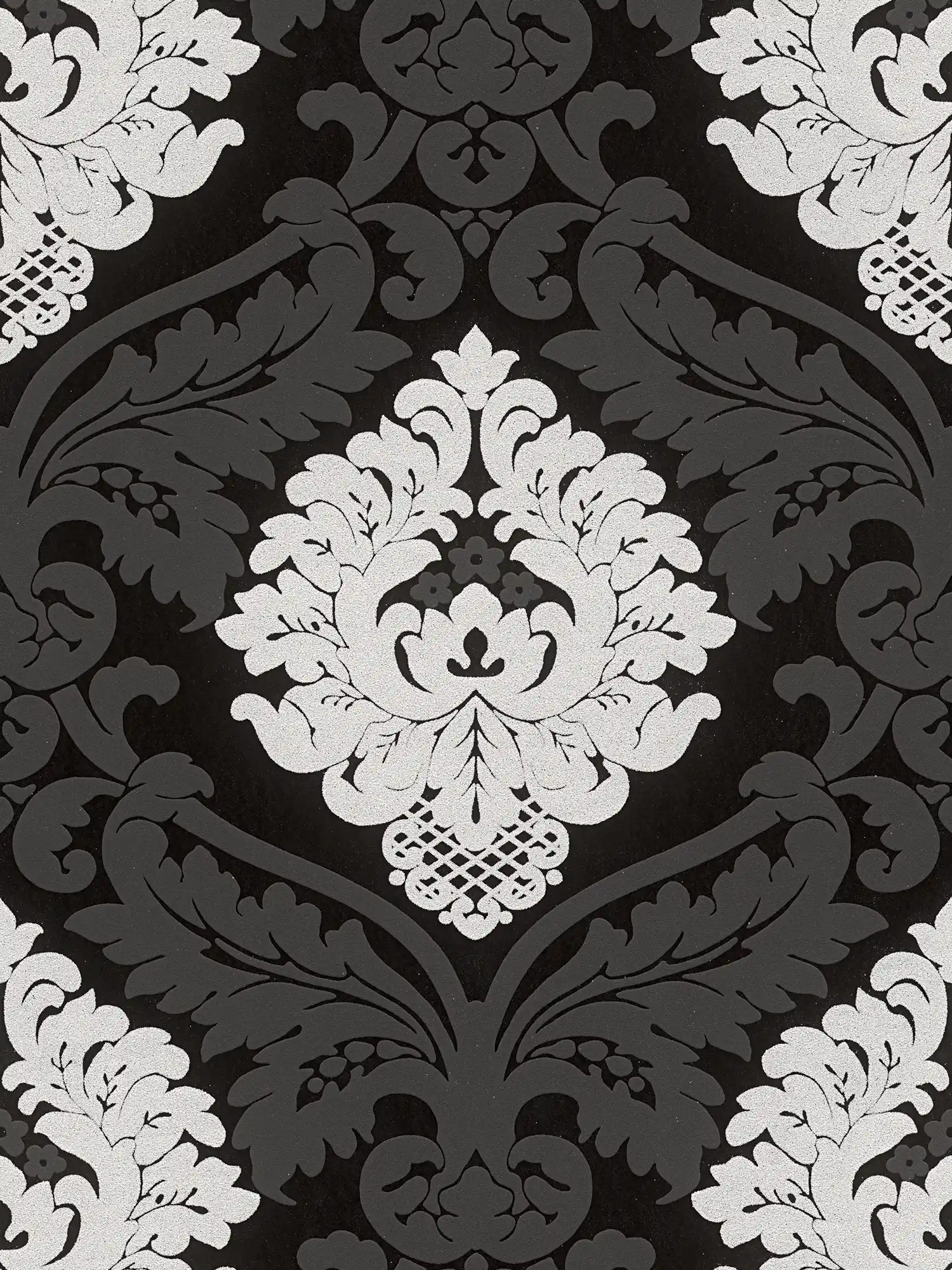         Ornamenttapete Glitzereffekt & 3D-Effekt – Schwarz, Silber, Weiß
    