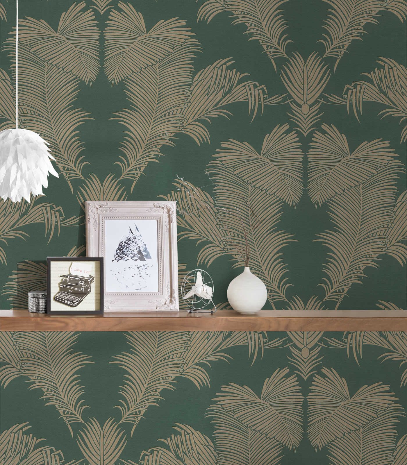             Vliestapete Tannengrün & Gold mit Palmblatt Motiv – Grün, Metallic
        