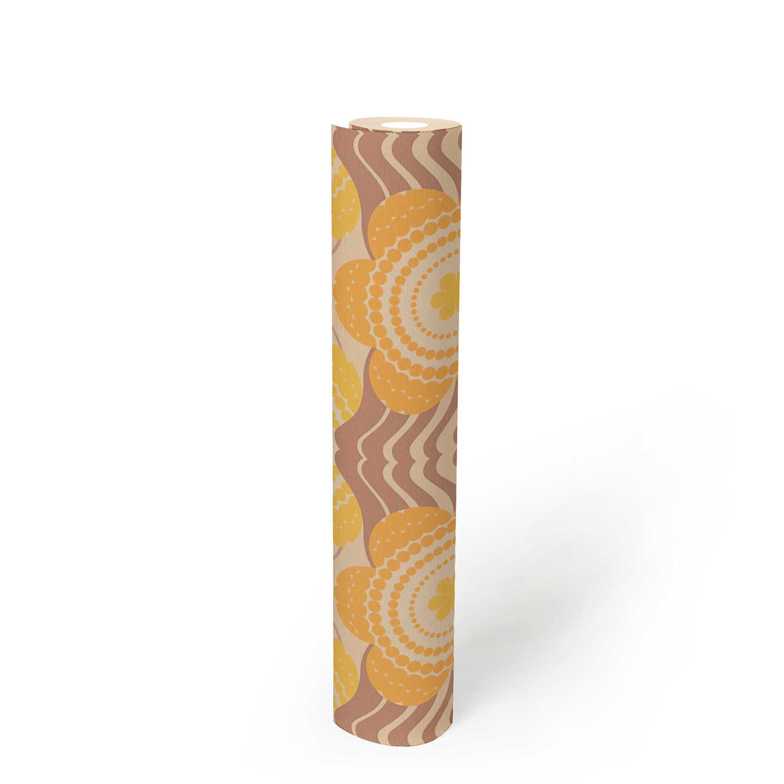            Vliestapete mit floralem Muster im Stil der 70er Jahre – Beige, Braun, Orange
        