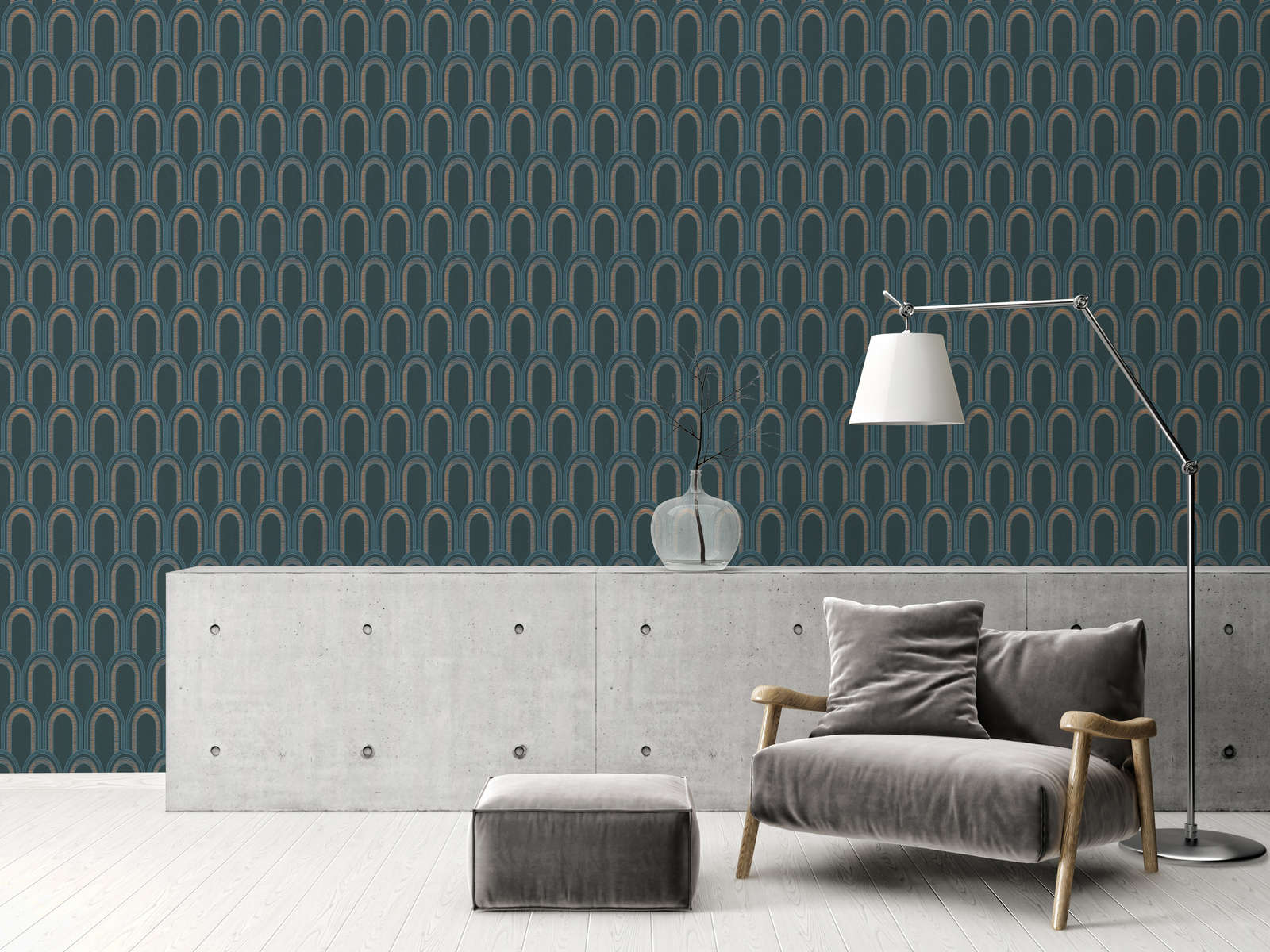 Tapete mit Bogenmuster und Glanzeffekt – Petrol, Blau, Gold