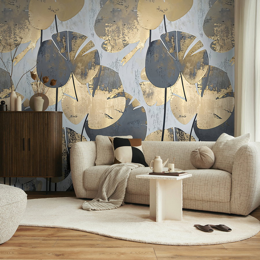 Wohnzimmerwandtattoo, Tapetenmuster, Goldblaues Blattmuster, Wanddekoration, Blätter-Design
