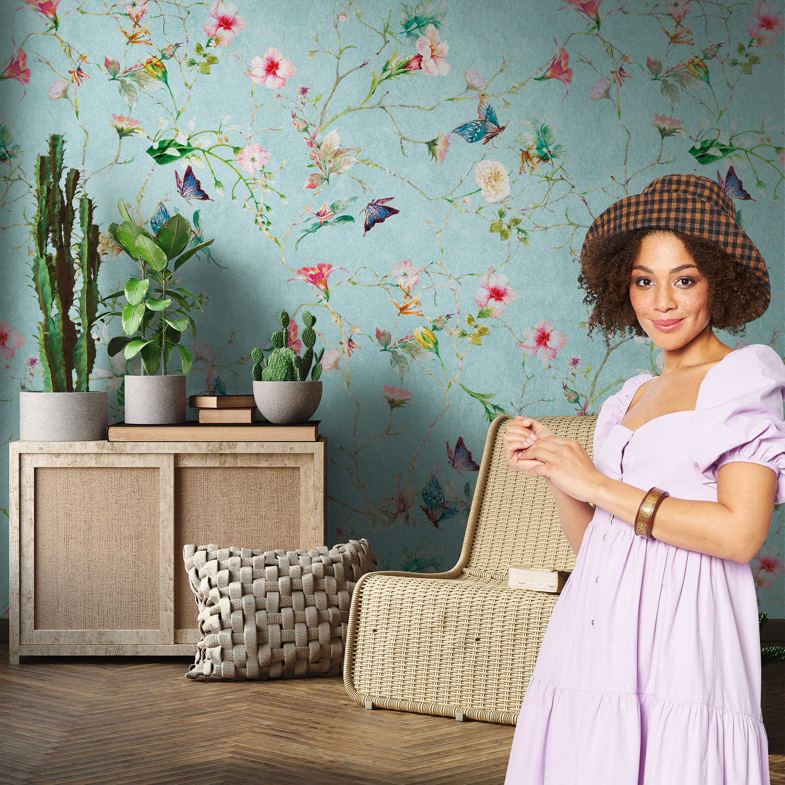         Papier peint Nouveauté - papier peint à motifs Papillon & fleurs, motif panneau turquoise
    