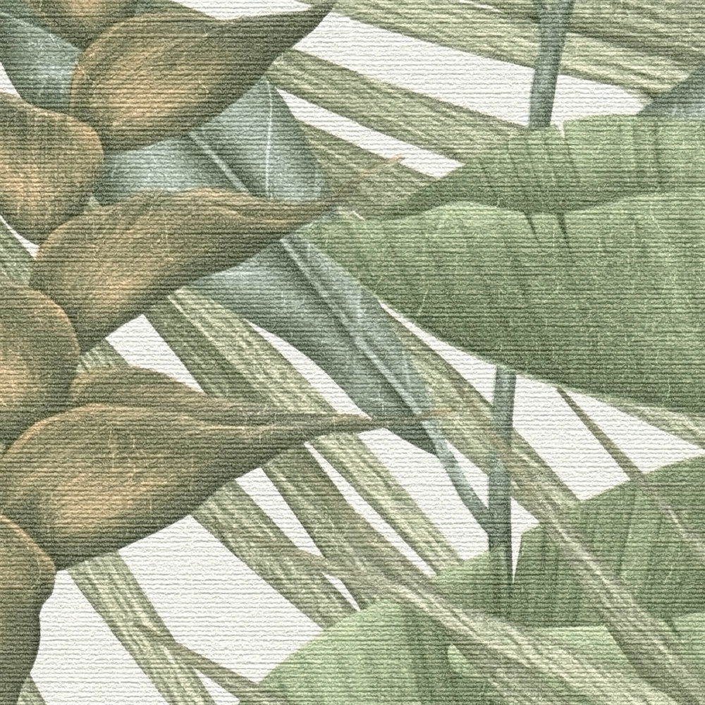             Florale Dschungeltapete leicht strukturiert mit großen Blättern – Grün, Weiß, Beige
        
