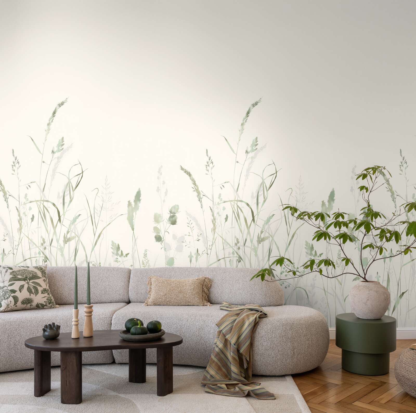 Wohnzimmer, Wandmotiv, Sofa, Beistelltisch, Pflanzen