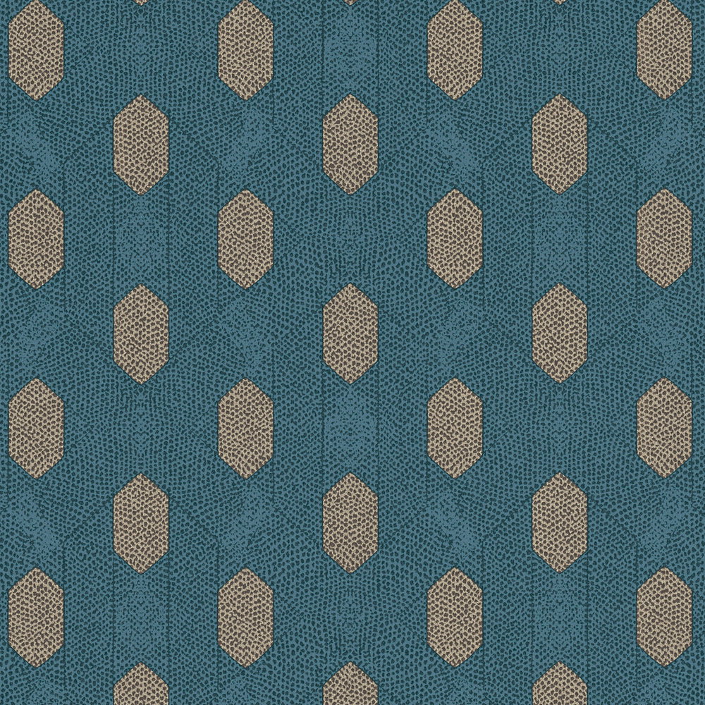 Blaue Tapete mit geometrische Muster &amp; Gold Details – Blau, Braun, Beige
