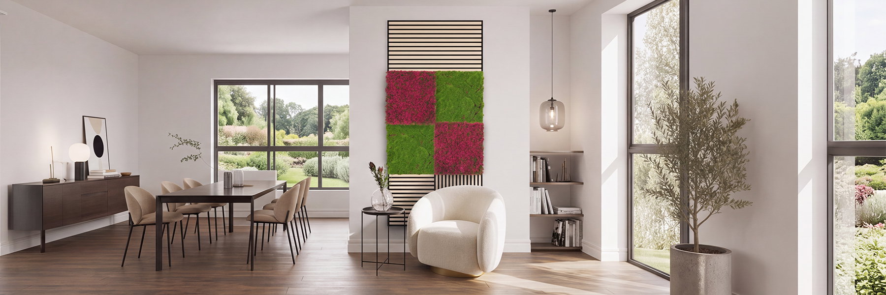 Wohnzimmer, Esstisch, Holzboden, Sessel, Pflanzen
