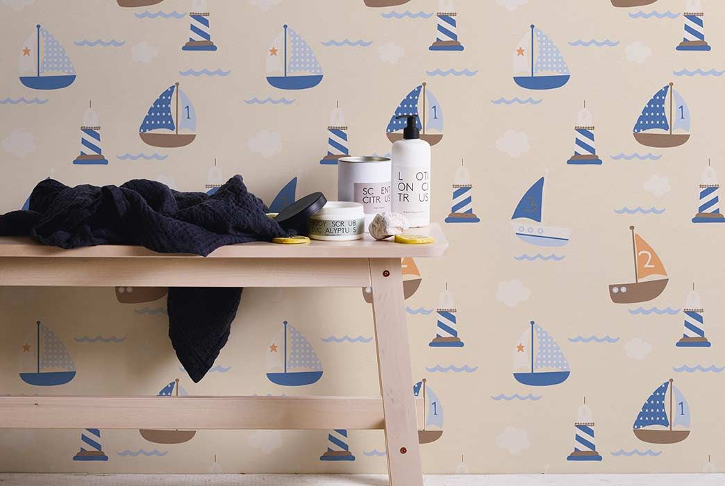 Badezimmer mit Schiff und Leuchtturm Tapete, Blau Orange Beige 
