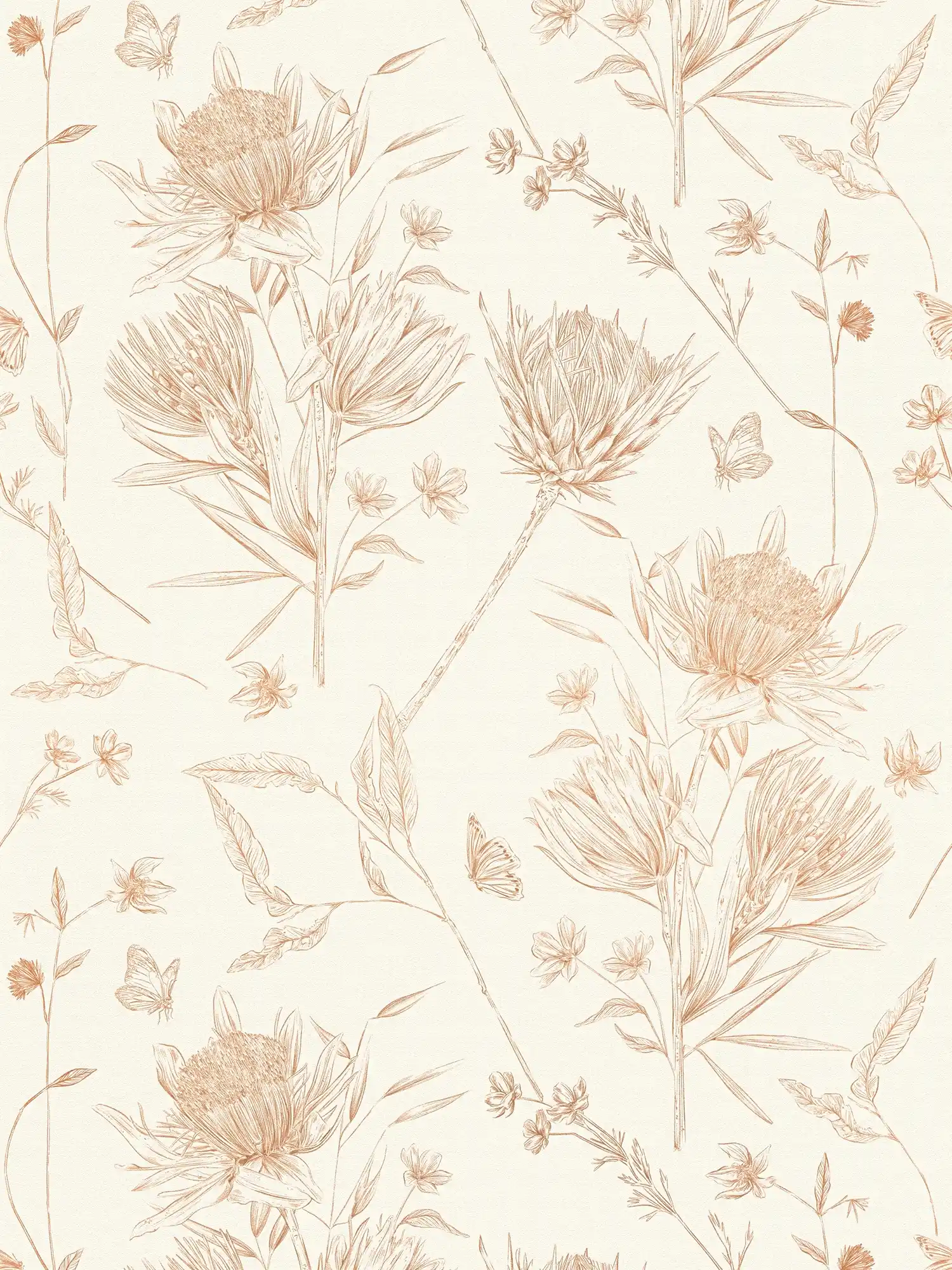         Bloemrijkbehang met bloemen en vlinders mat structuur - wit, bruin, beige
    