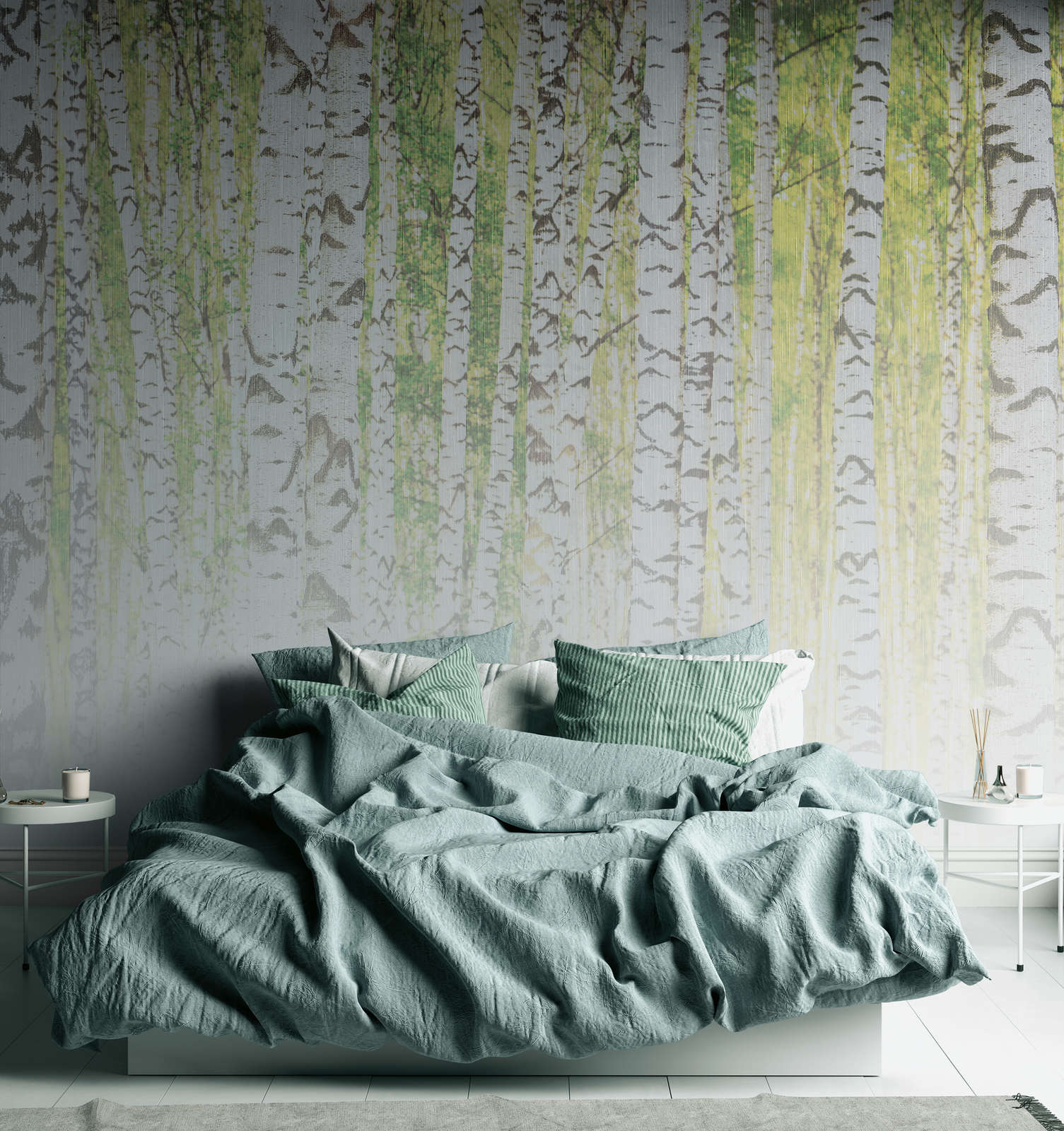 bett, duvet, wandtapete, grün, kissen