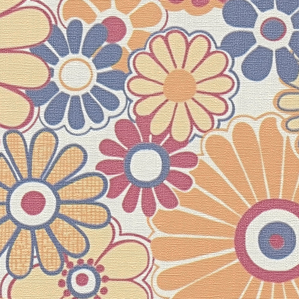 Retro Vliestapete mit floralem Muster – Rot, Blau, Orange