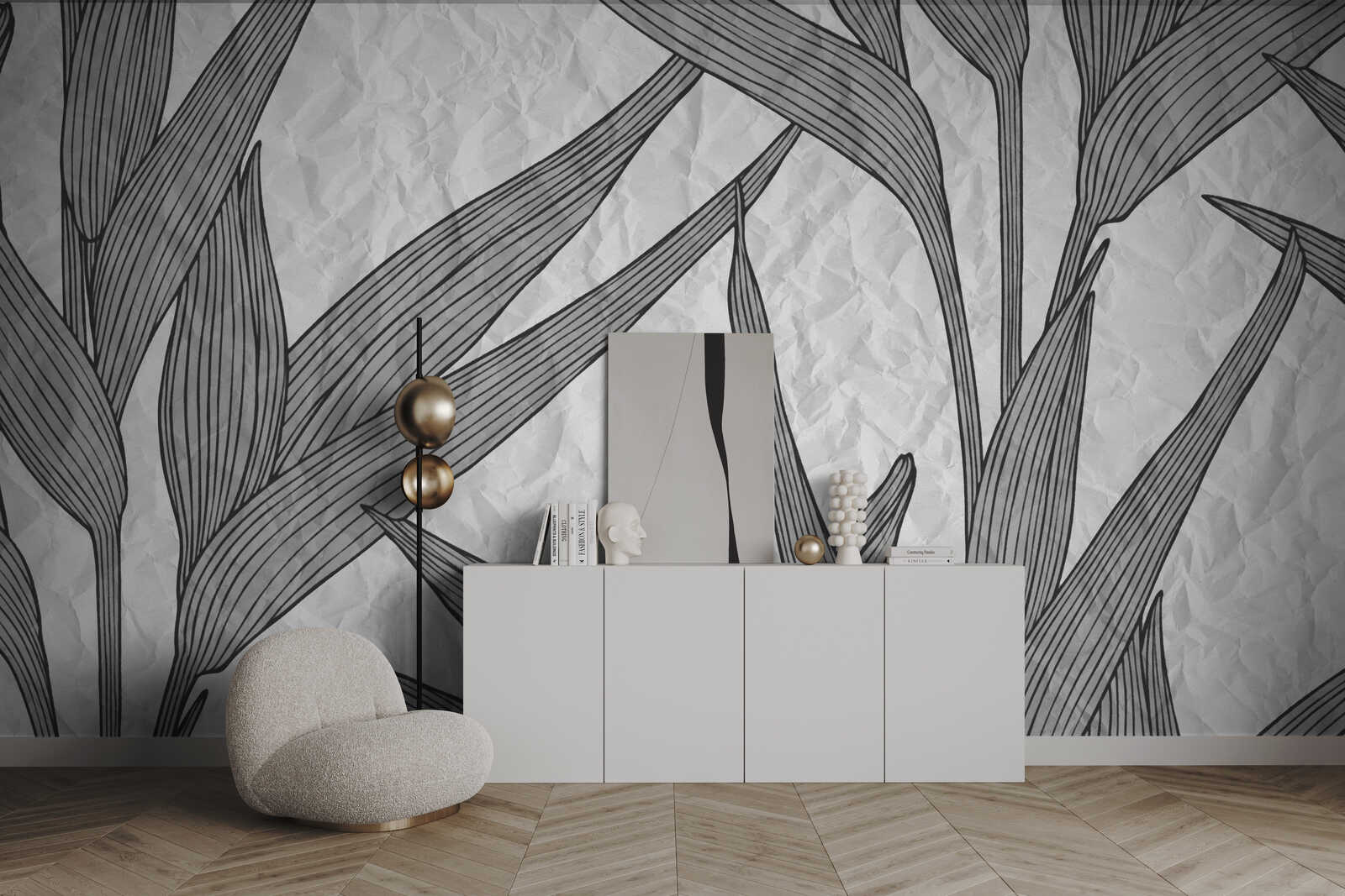 Wandtapete, Blumenmuster, Monitorfarbton, Sideboard, Dekorobjekte