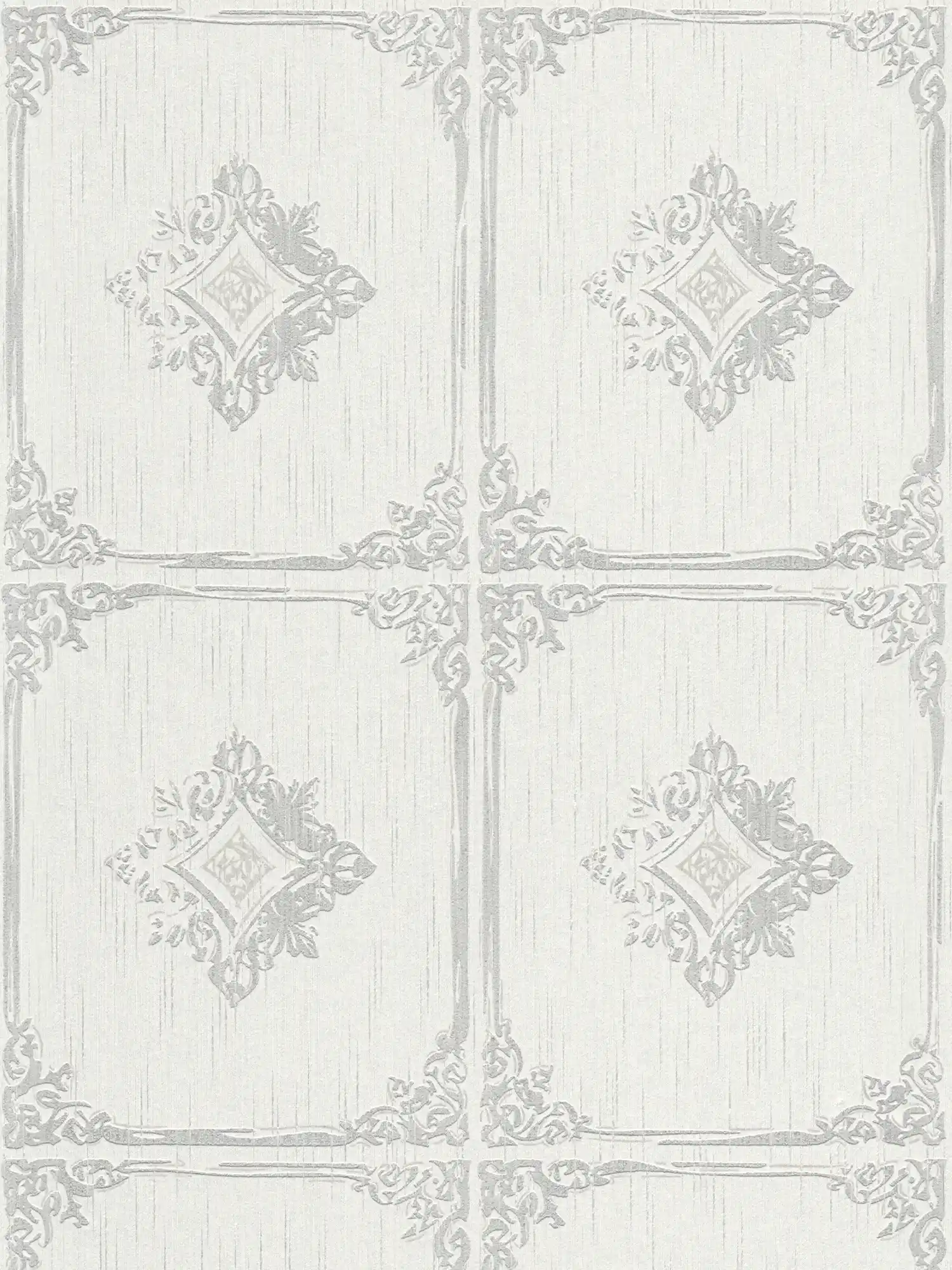         Textile wallpaper vintage stucco design with ornamental cassettes and shimmer effect with silver foil - grey, white
    
