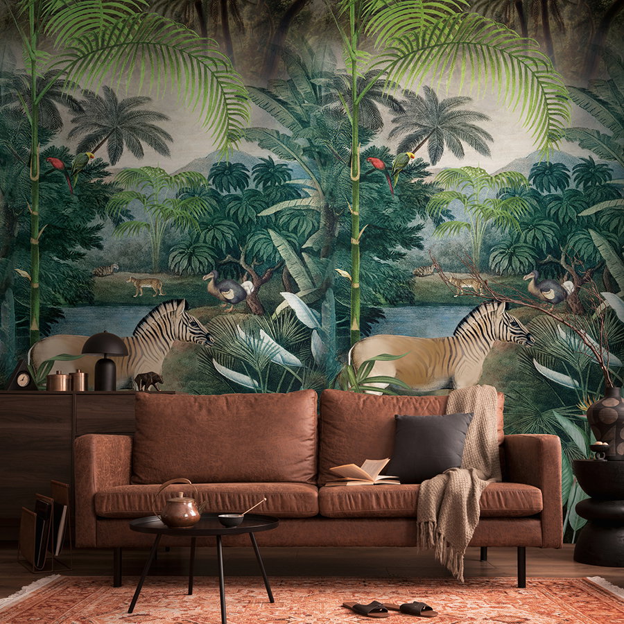 wandtapete, wandbild, dschungelszene, zebra, sofa