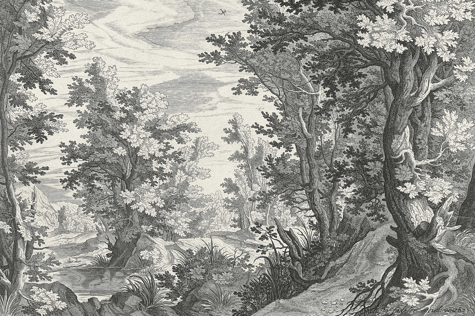             Fancy Forest 3 - Leinwandbild Landschaft Kupferstich Schwarz-Weiß – 0,90 m x 0,60 m
        