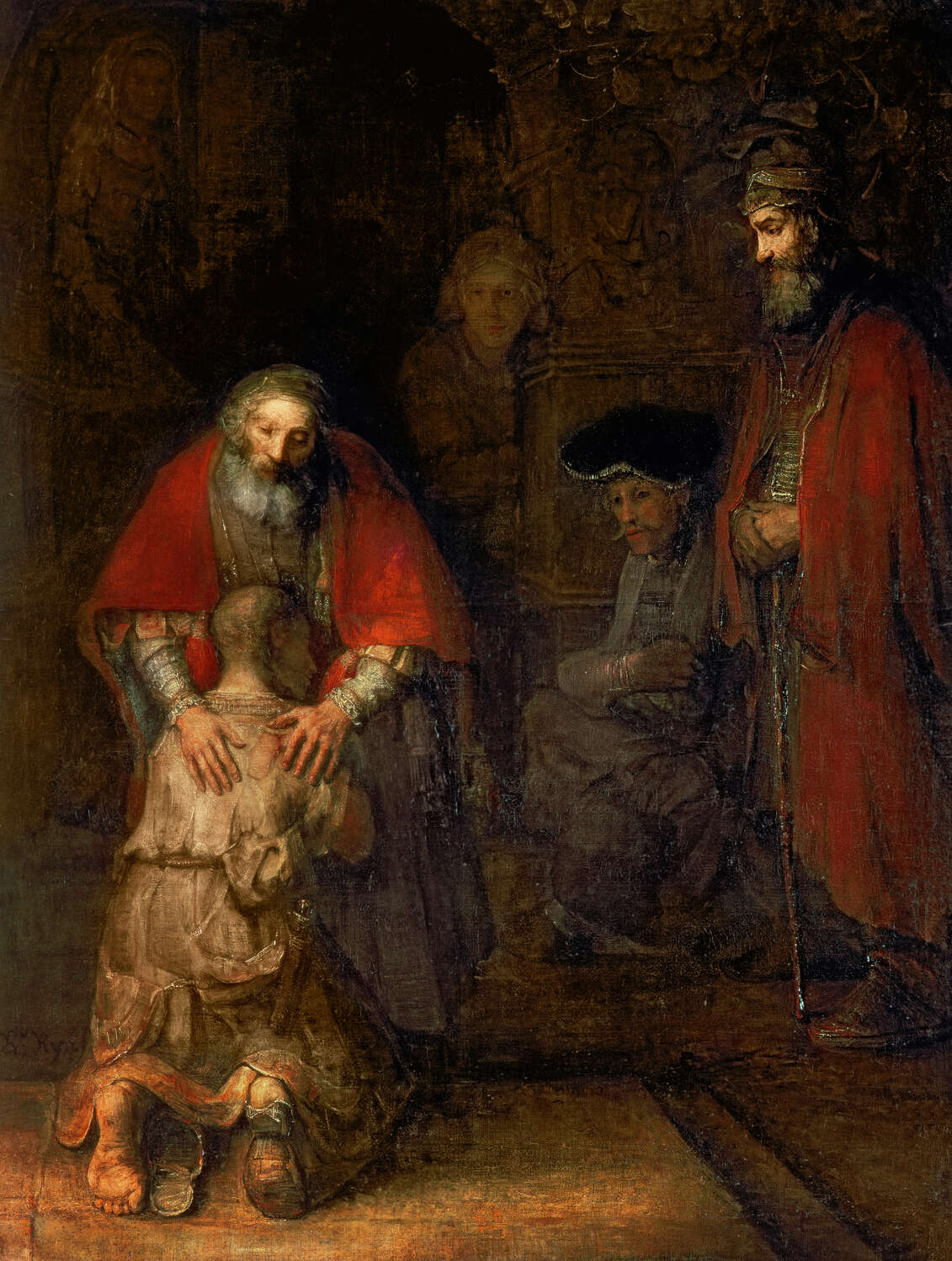 religious scene, elderly men, praying gesture, red cape, dark interior