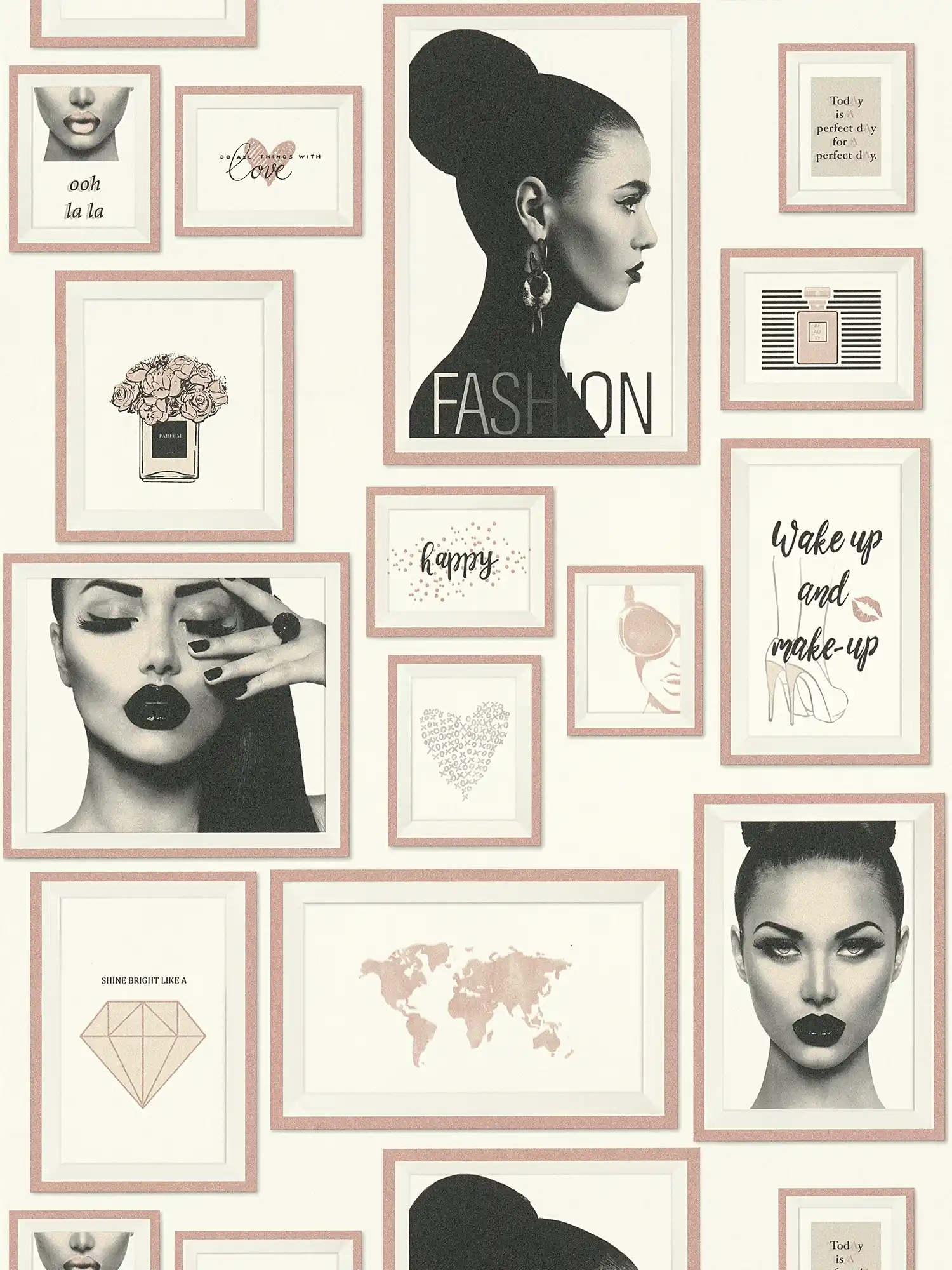         Tapete Fashion Design mit Wanddekor – Rosa, Schwarz, Weiß
    