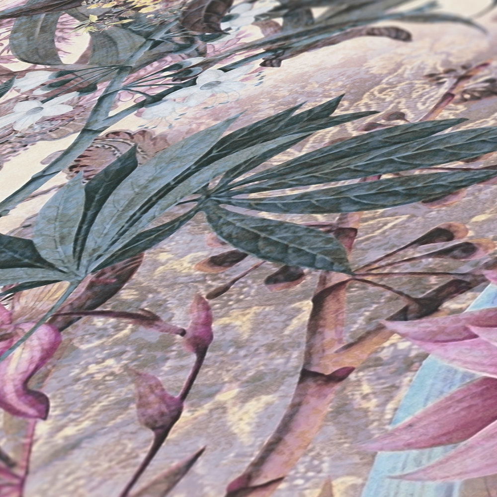             Blumentapete moderner Kolonialstil – Rosa, Grün
        