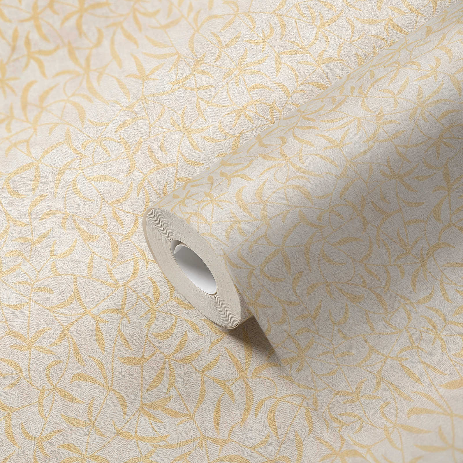 Vliestapete mit Zweigen und Blüten – Creme, Beige, Gelb