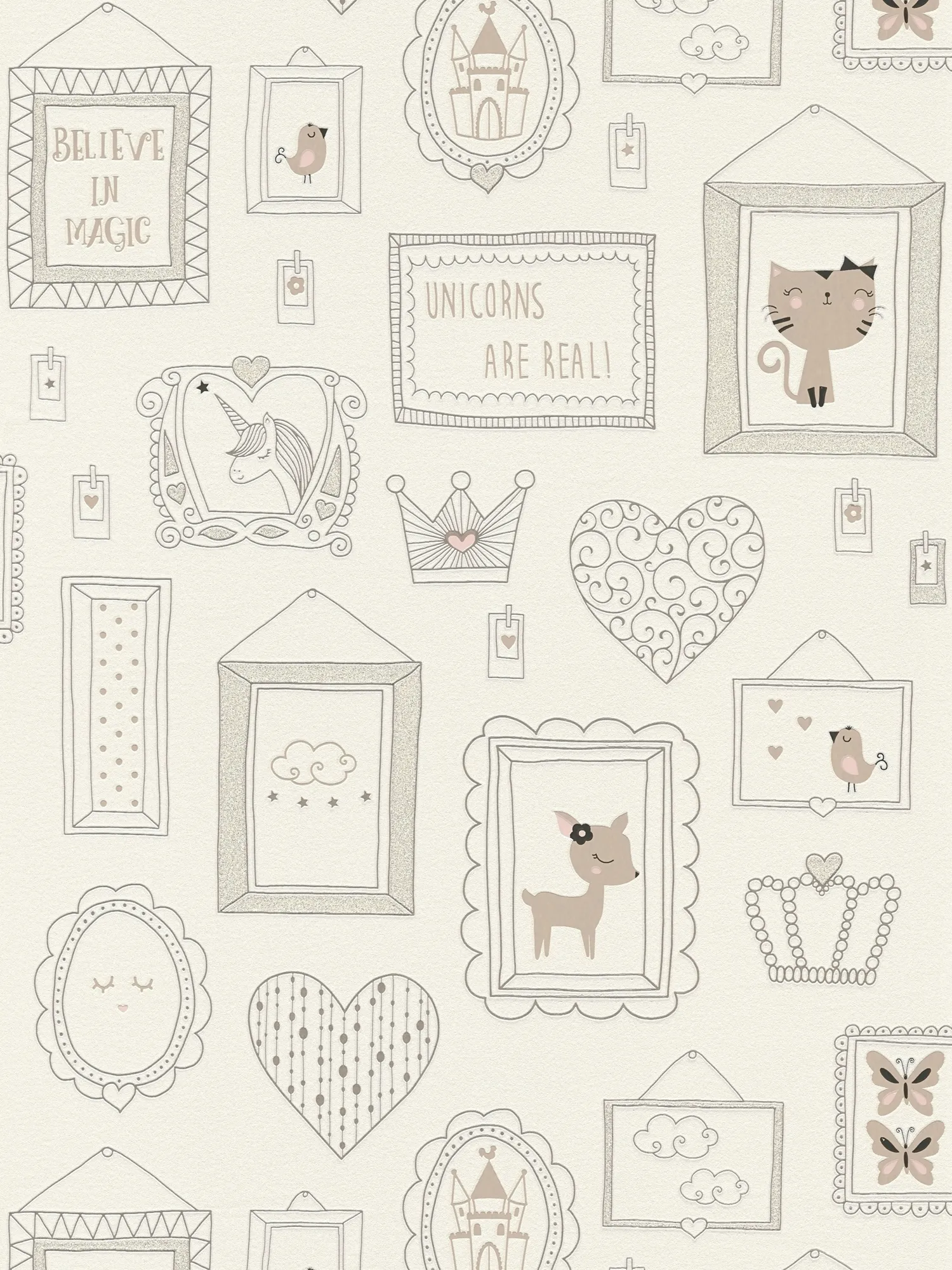 papier peint en papier intissés pour chambre d’enfant : grands motifs, touches pailletées et brillantes sur un fond mat – blanc, gris