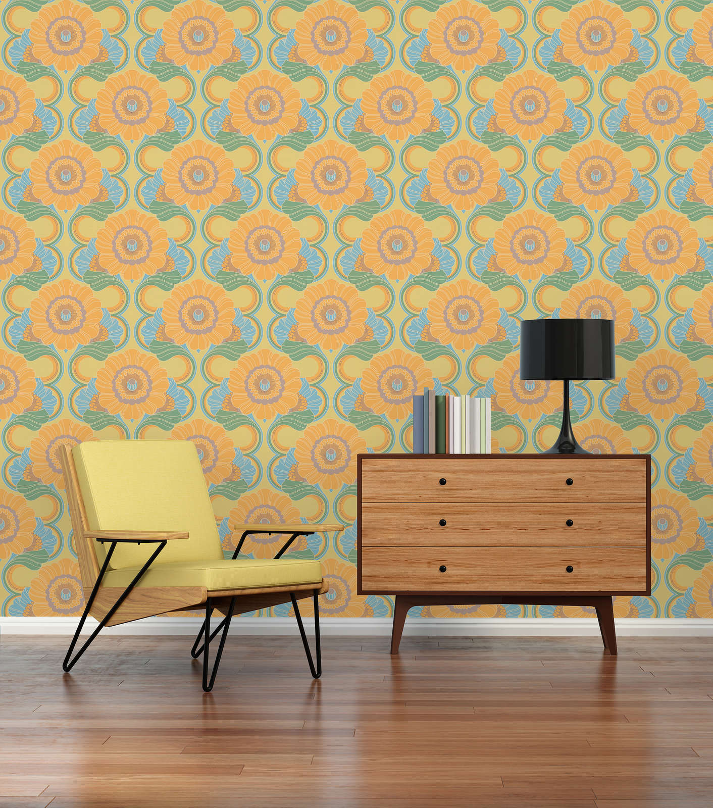             leicht strukturierte Retro Tapete mit floralem Muster – Blau, Gelb, Grün
        