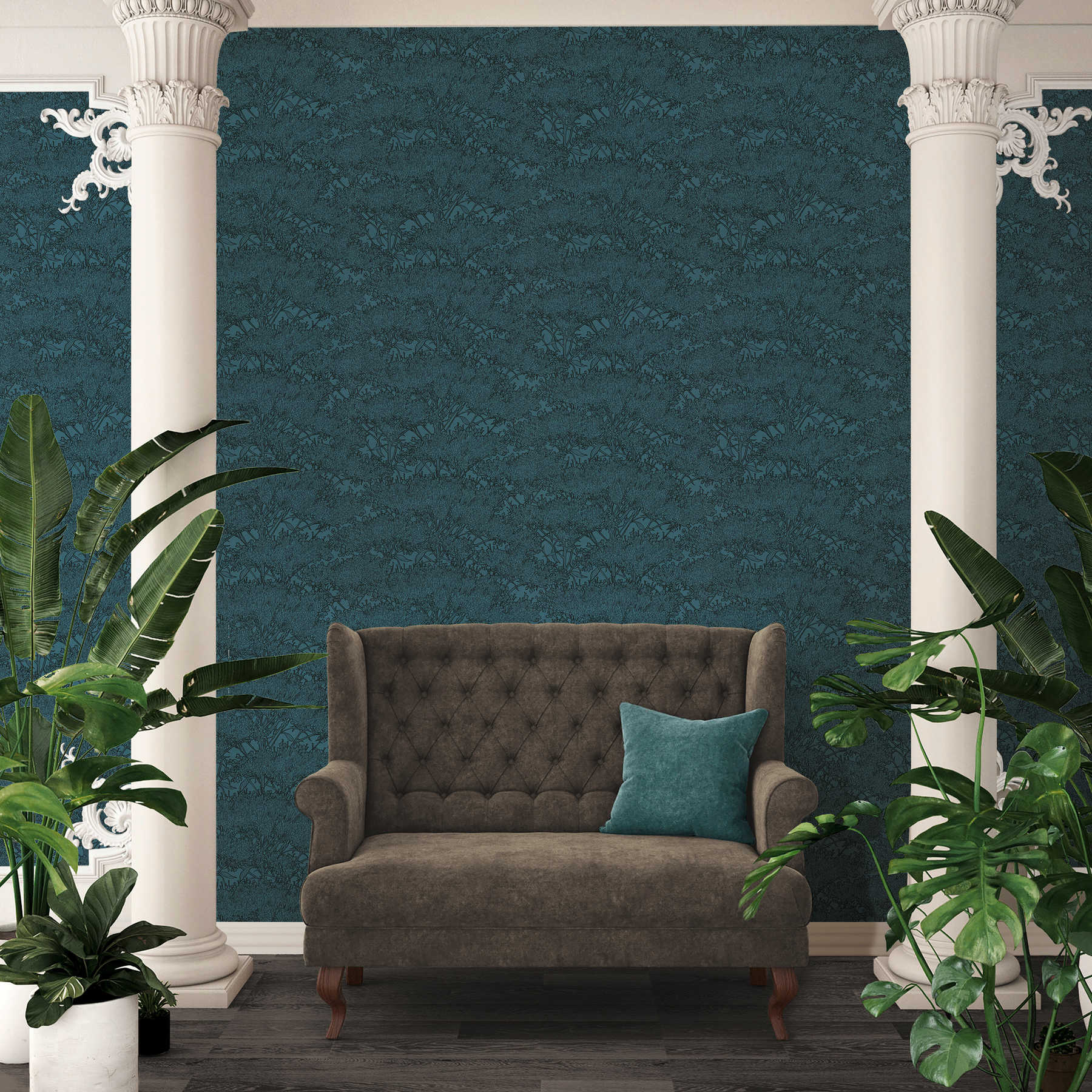             Petrolfarbene Blumentapete mit schwarzen Konturen – Blau, Schwarz
        