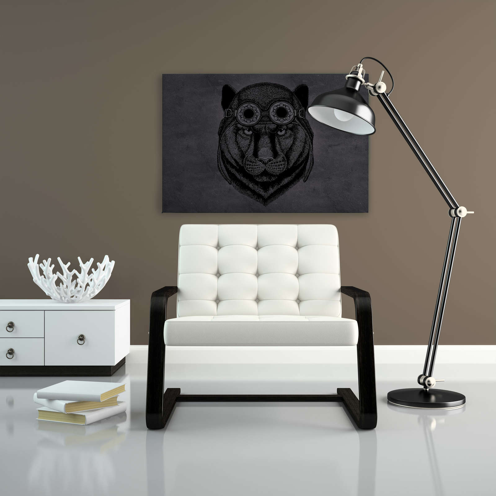             Schwarzes Leinwandbild Panter mit Fliegermütze – 0,90 m x 0,60 m
        