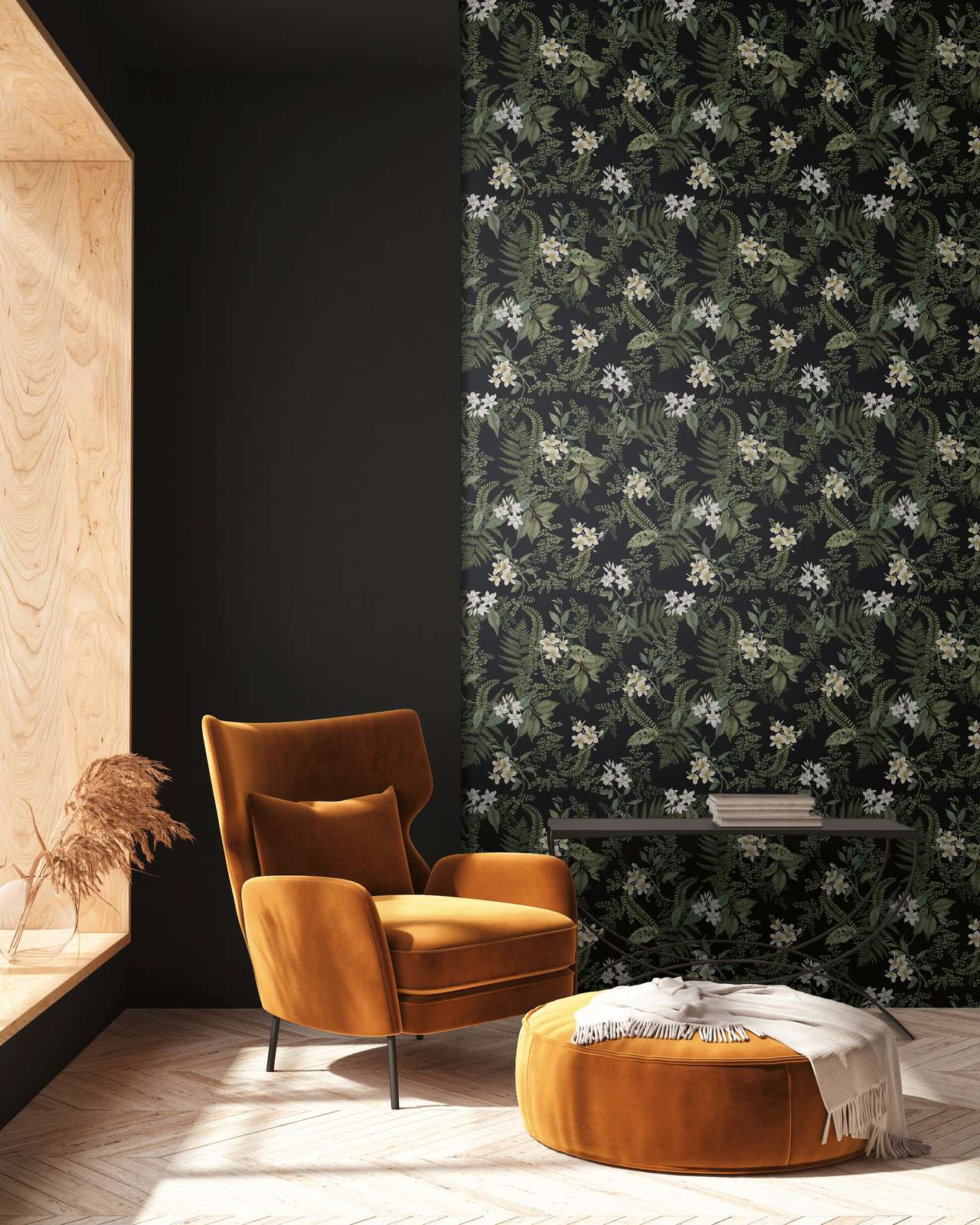 Moderne Tapete floral mit Blüten &amp; Gräsern strukturiert matt – Schwarz, Dunkelgrün, Weiß