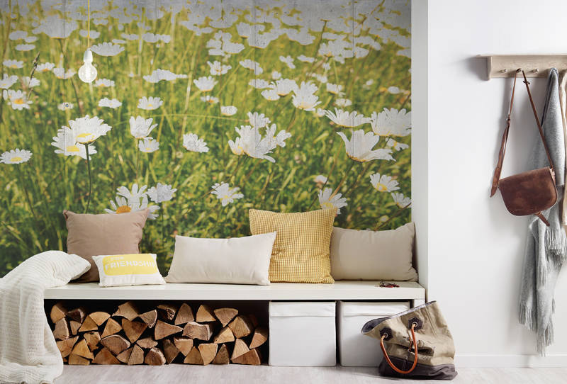 Wandtapete, Blumiges Wandbild, Tageslichtszene, Holzaufbewahrung, Kissen