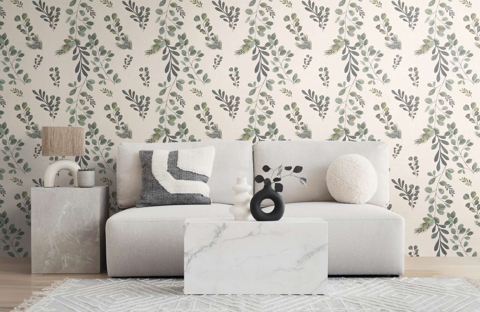             Natürliche Vliestapete mit filigranem Blatt- und Zweigmuster, ebenmäßige Struktur – Beige, Grün
        