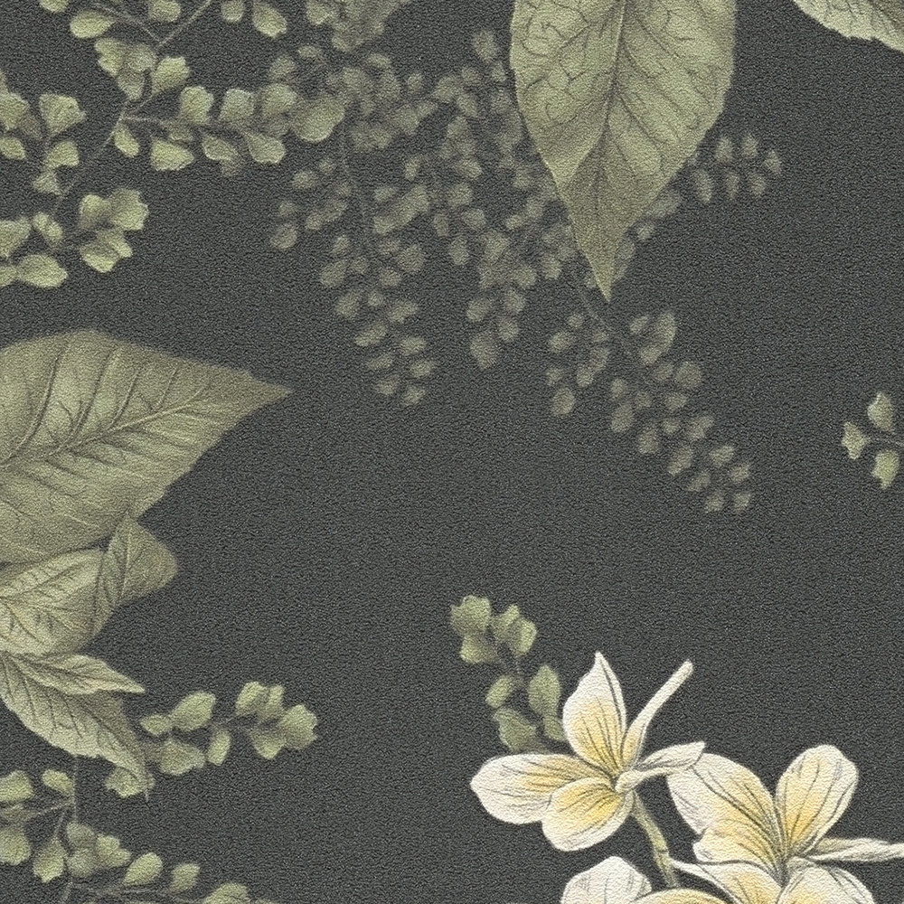 Moderne Tapete floral mit Blüten &amp; Gräsern strukturiert matt – Schwarz, Dunkelgrün, Weiß