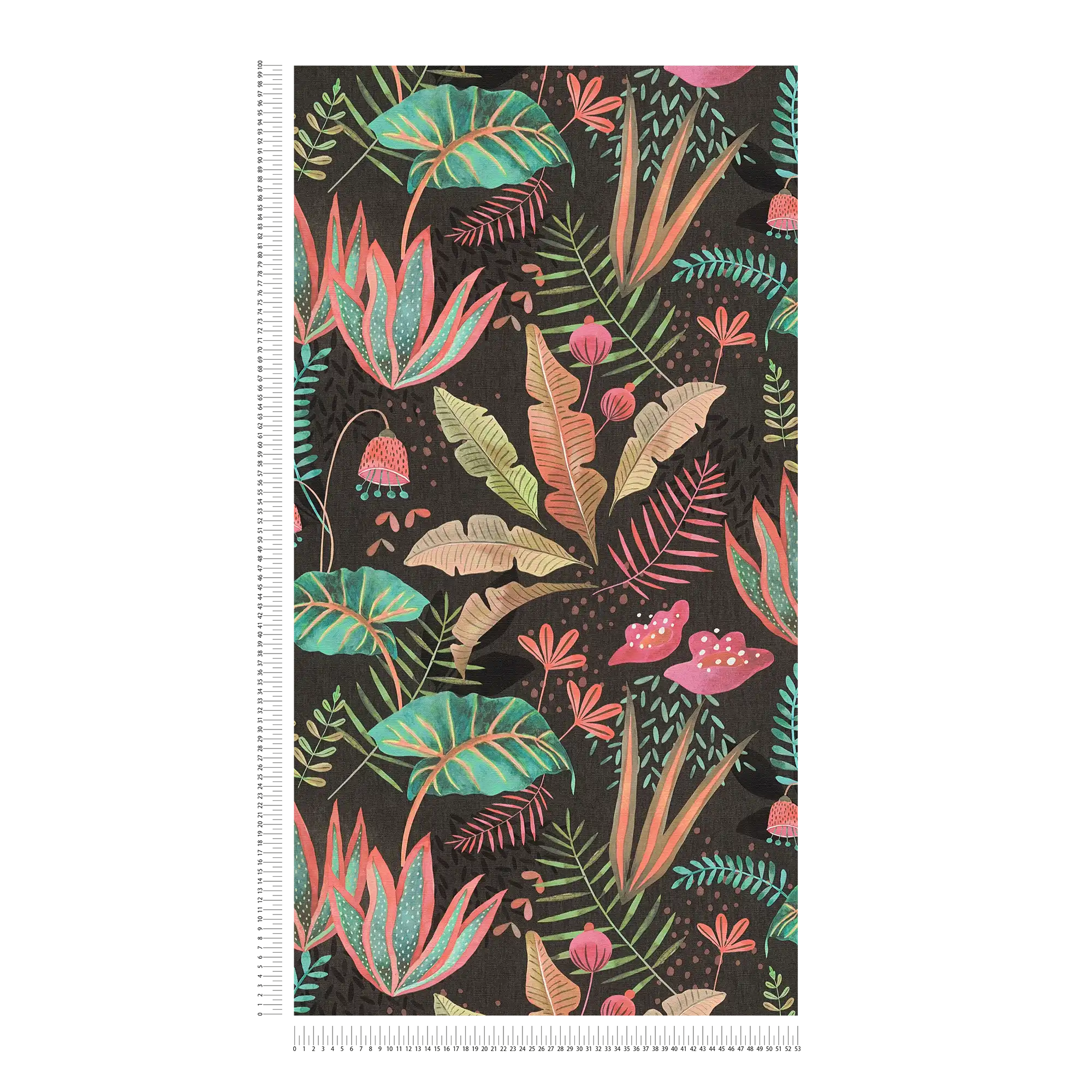             Florale Vliestapete mit gemischten Blättern leicht strukturiert, matt – Schwarz, Bunt, Grün
        