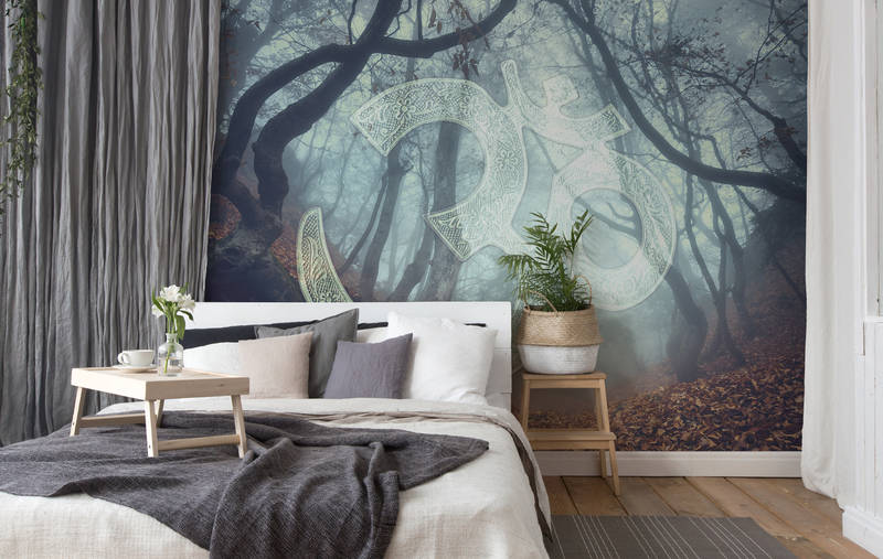             Ohm icon & leaf forest motif mural - blue, green, brown
        