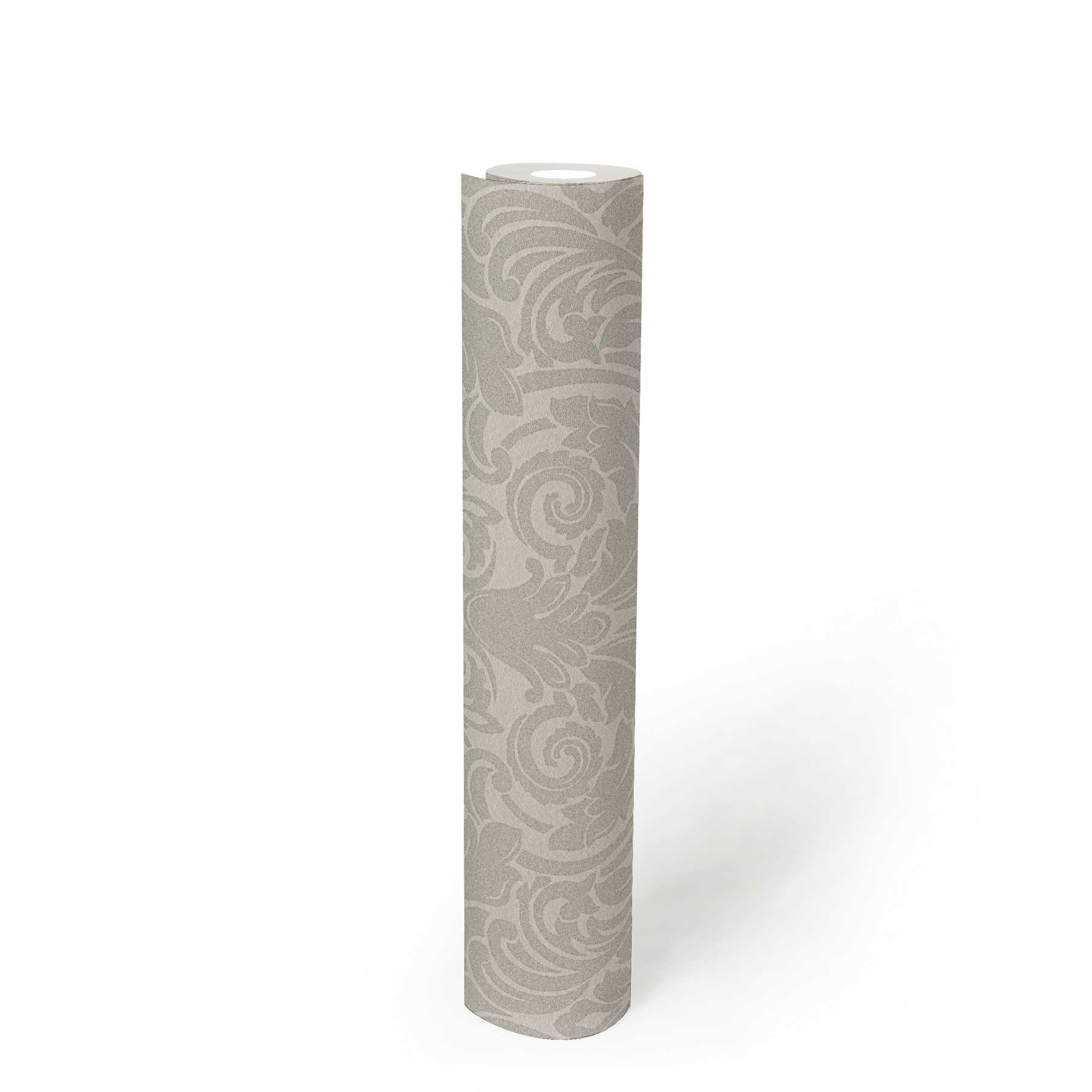            Luxus-Vliestapete in edlem Barockdesign mit schimmernden Glasperlen – Silber, Creme
        