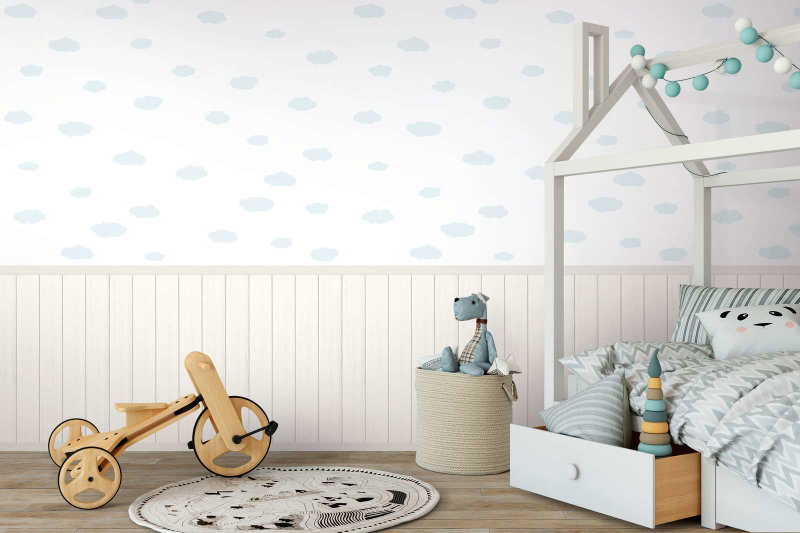 Non-woven wallpaper - wood-effect plinth border & cloud pattern ...