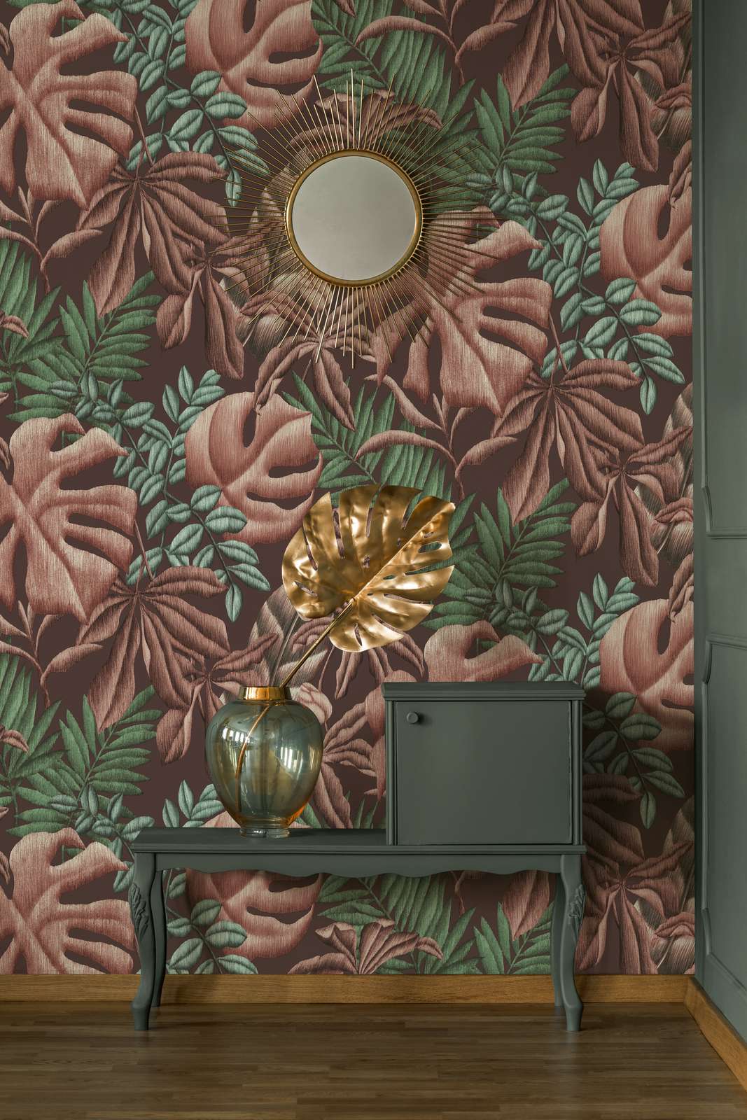             Bloemrijk vliesbehang met bladeren varen & bananenbladeren - roze, groen, turquoise
        