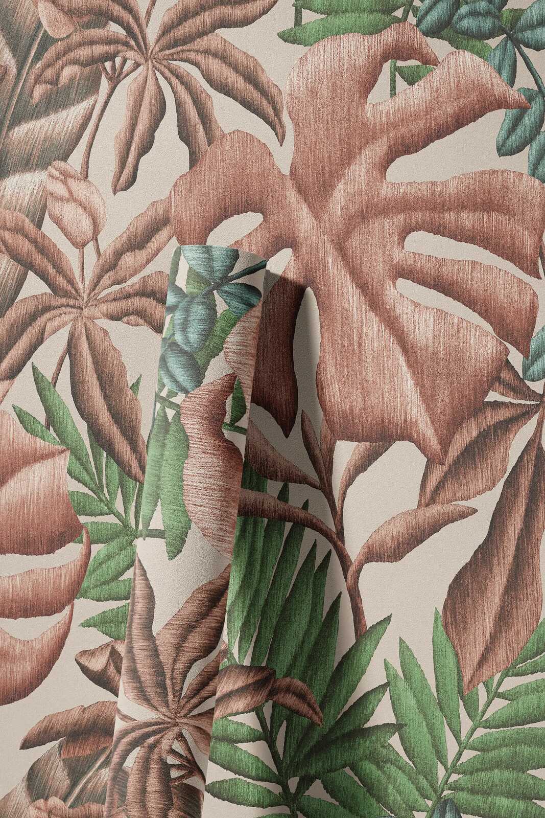             Bladpatroon vliesbehang met bananenbladeren & varen - roze, groen, crème
        
