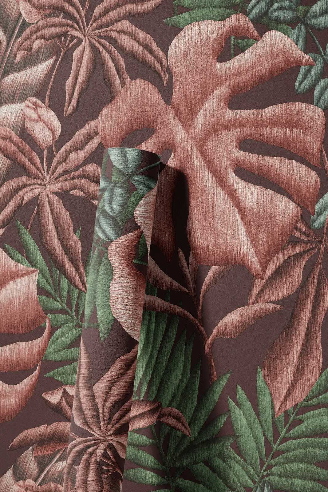             Bloemrijk vliesbehang met bladeren varen & bananenbladeren - roze, groen, turquoise
        