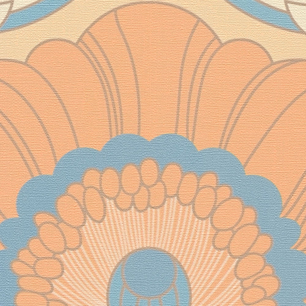             Florale Vliestapete im Retro Stil – Beige, Türkis, Orange
        