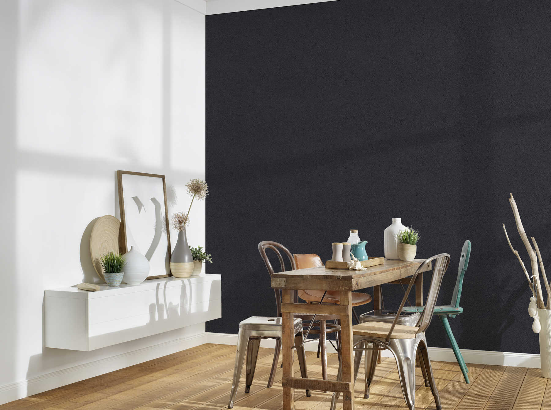             Strukturtapete Uni mit Leinen-Optik – Schwarz, Grau
        