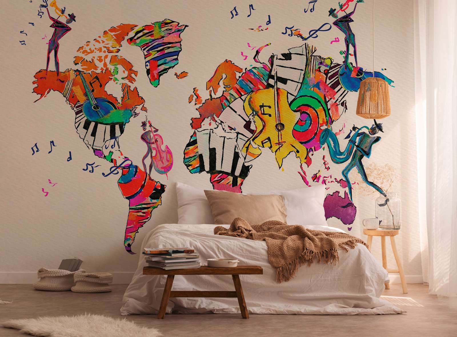 Wandbild, Musikweltkarte, buntes Kunstwerk, Gitarre, Klaviatur